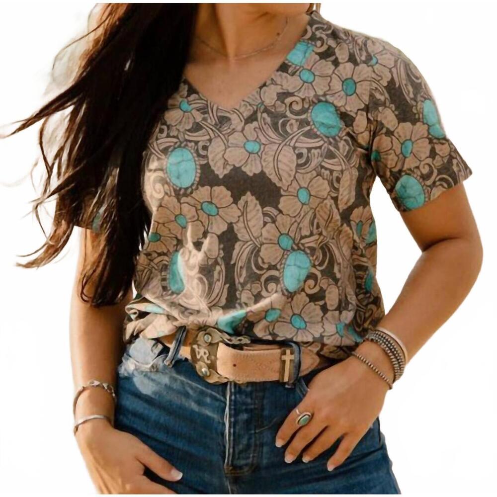 NEW STERLING KREEK women's tattoos on this town print v-neck top in turquoise mu